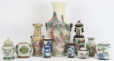 A group of Chinese famille verte, polychrome enamelled and blue and white crackle glazed wares, 20th