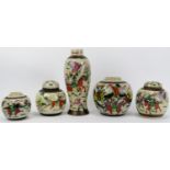 A group of five Chinese famille verte crackle glaze ginger jars and a vase.