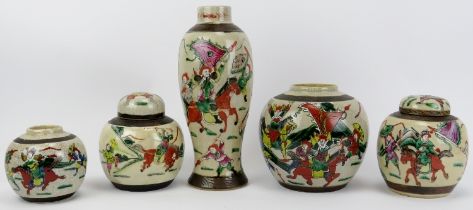 A group of five Chinese famille verte crackle glaze ginger jars and a vase.