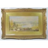 C Pearson (1876) - 'Panoramic river landscape with sheep in the foreground', watercolour, signed and