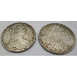 Two 1780 Maria Theresa coins, approx weight 56 grams. Condition report: Quite worn.