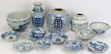 A group of Chinese blue and white provincial porcelain wares, 19th century and earlier. (13 items)