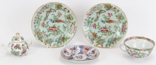 A group of Chinese porcelain wares, late 18th & late 19th century. Comprising two Canton enamelled