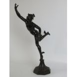 A large bronzed statue of the Greek Olympian Hermes, 19th century. Supported on an octagonal base.