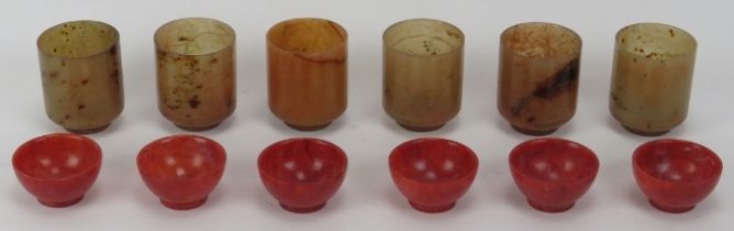 Two sets of six Chinese translucent turned marble cups, 20th century. (12 items) 5.5 cm height, 2.