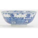 A Chinese blue and white porcelain bowl, 19th century. Decorated depicting a mountainous landscape