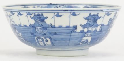 A Chinese blue and white porcelain bowl, 19th century. Decorated depicting a mountainous landscape