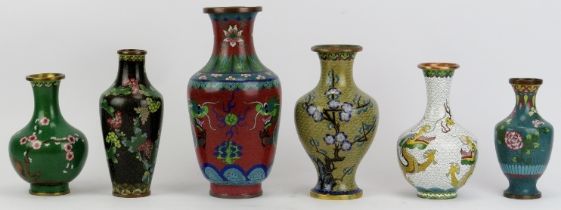 Six Chinese cloisonné enamelled vases, 20th century.