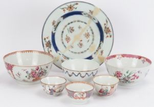 Three Chinese export famille rose bowls, three cups and a plate, 18th century. (7 items) Plate: 22.5