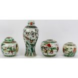 Four Chinese famille verte porcelain ginger jars and a vase, late 19th/early 20th century.