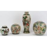 A group of four Chinese famille verte crackle glaze ginger jars and a vase, late 19th/20th century.