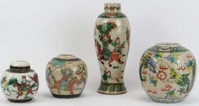 A group of four Chinese famille verte crackle glaze ginger jars and a vase, late 19th/20th century.