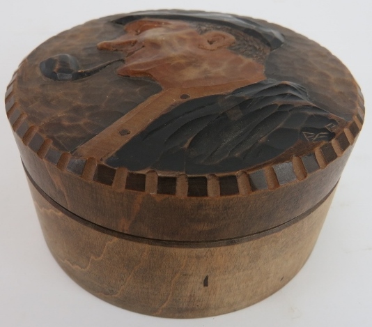 A German Black Forest tobacco box and cover. Early 20th century. Of cylindrical form, the cover - Image 2 of 3
