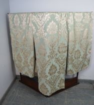 A pair of good quality antique style lined curtains in pistachio green damask, together with a large