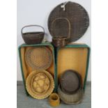 A selection of 11 vintage Japanese baskets of woven reed and wicker construction. Largest H22cm