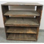 A pair of rustic antique Japanese elm open shelving units, of two shelves, having cast iron fittings