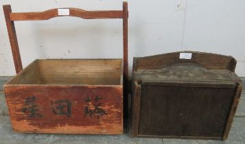 An antique Japanese elm travelling case, with sliding door, together with a vintage painted crate