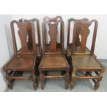 A matched set of six early 18th century oak dining chairs, having shaped back splats, on turned