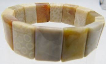 Natural fossil coral bracelet. Large 20mm polished stones, 60mm minimum size, stretch. Condition