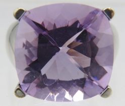 Large cushion cut amethyst ring, size N/O. Faceted solitaire 15mm, platinum overlay 925 silver,