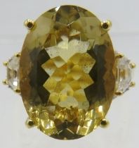 Large 18mm x 13mm oval faceted citrine solitaire ring, size Q/R. 18k gold vermeil & sterling silver,