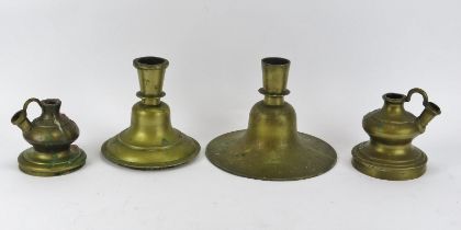 Four North Indian brass huqqa bases, 19th century. Two of bell shaped form. (4 items) 17 cm