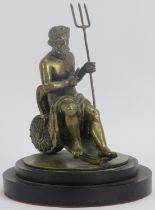 A European brass sculpture of Neptune / Poseidon seated holding a trident, 19th century. Supported