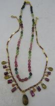 A gold vermeil on silver amethyst & citrine fringe necklace and a pink, green & blue tourmaline '