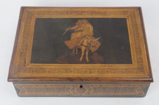 A Italian sorrento ware marquetry and parquetry inlaid jewellery or cigar box, late 19th century.