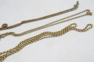 A 9ct gold belcher chain necklace, approx 30" long and two other yellow metal necklaces. Belcher