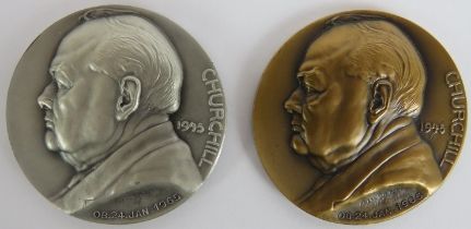 Two Sir Winston Churchill silver and bronze commemorative medals by A Loewental, dated 1965. The