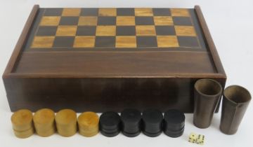 A parquetry inlaid wood folding games board box. The exterior incorporated with a parquetry inlaid