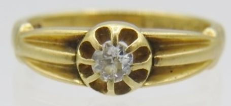 An 18ct yellow gold single stone diamond ring in eight claw setting, Birmingham 1909, size M, boxed.
