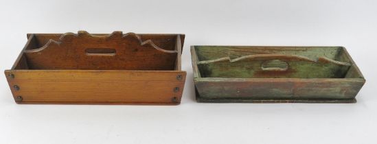 Two wooden cutlery trays with carry handles, late 19th/early 20th century. (2 items) 36.8 cm length,