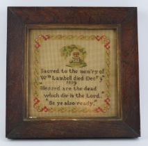 An early Victorian needlework sampler. Framed and glazed. 20.5 cm x 20.5 cm. Condition report: