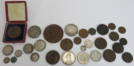 A collection of Georgian, Victorian and Edwardian silver and bronze coins and commemorative