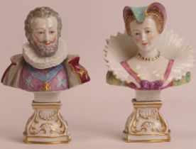 A rare pair of European gilt and polychrome enamelled porcelain busts of Margaret of Valois and
