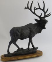 A European bronzed cast metal stag, 20th century. Modelled on a carved wood base. 47 cm height, 43