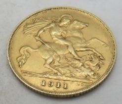 An Edwardian 1/2 sovereign, 1911. Condition report: Some surface scratching.