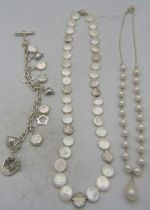 An attractive pearl & 925 silver necklace, with 2cm long baroque principal pearl and 22mm x 7mmm