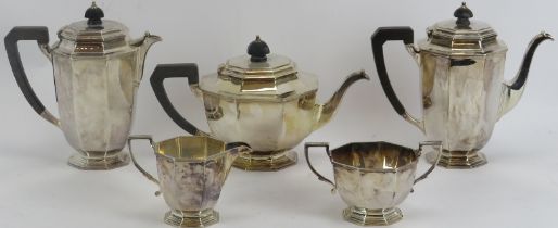 A Mappin & Webb five piece Sheffield plate silver tea and coffee set. Comprising a teapot, coffee