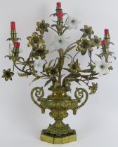 A large Victorian ormolu and opaline glass five light candelabra with lily flowers, 19th century. Of