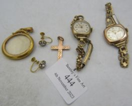 Two vintage 9ct gold wristwatches with yellow metal straps, a pair of 9ct yellow gold paste screw