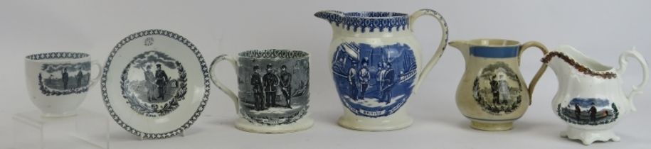 A group of Victorian British Military related creamware, 19th century. Five wares depicting scenes