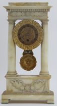 A French alabaster and gilt brass portico mantel clock, 19th century. The frieze supported on four