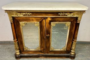 An antique Italian style fruitwood marble-topped sideboard, having parcel gilt mirrored doors