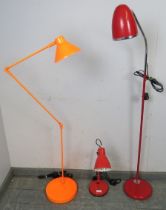 Three modern lamps, to include a cherry red and chrome flood-standing goose-neck lamp, a red angle-
