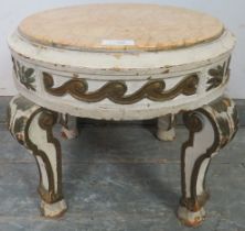 An antique French low side table, with orange serpentine marble top, the base painted white with