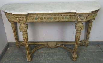 A 19th century Italian marble topped console table, the ornately moulded gesso base painted beige