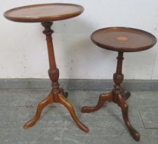 Two antique Regency Revival wine tables, having dished tops above tapering columns, on splayed